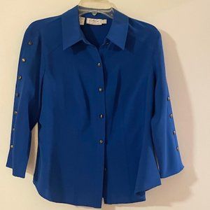 Beautiful royal blue Kathy Che stretch blouse, size 14